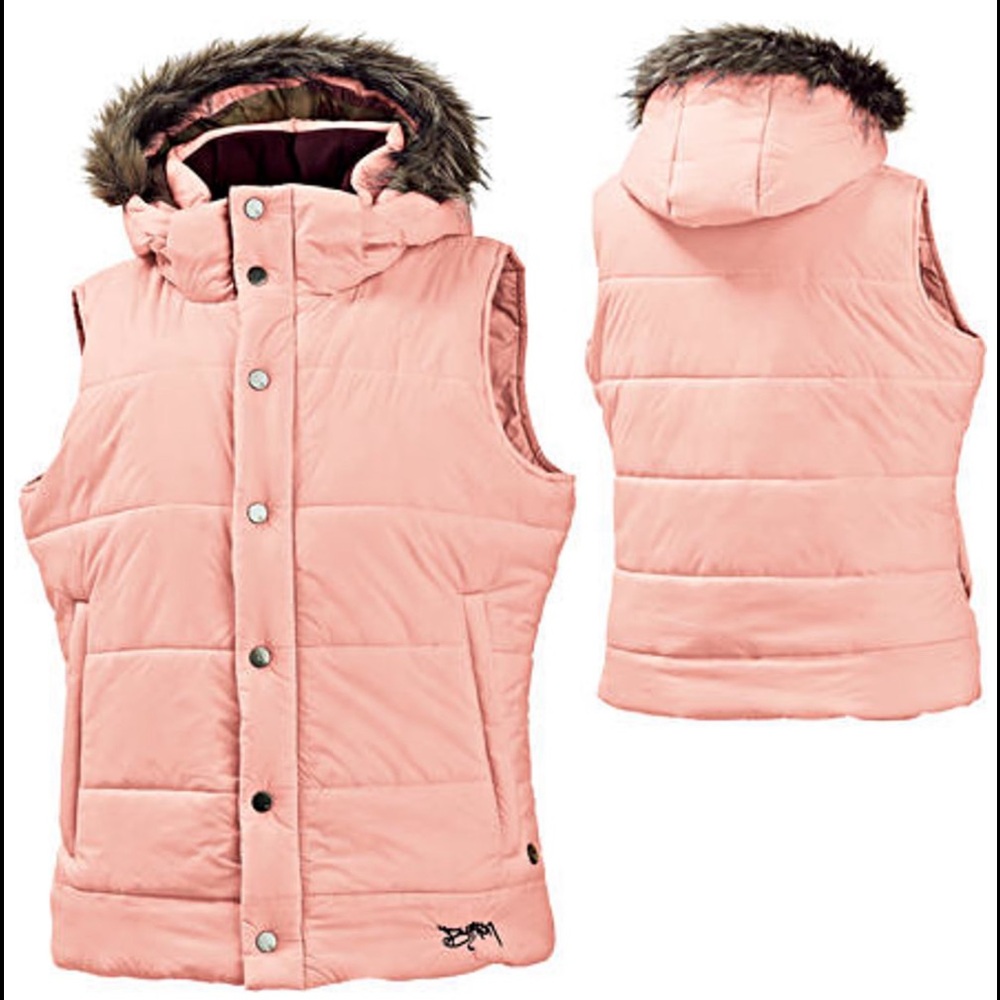 Burton~Puffy Vest / Pink With Faux Fur removable Hood - Picture 1 of 15